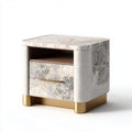 Table de chevet en marbre avec tiroirs et base en métal doré