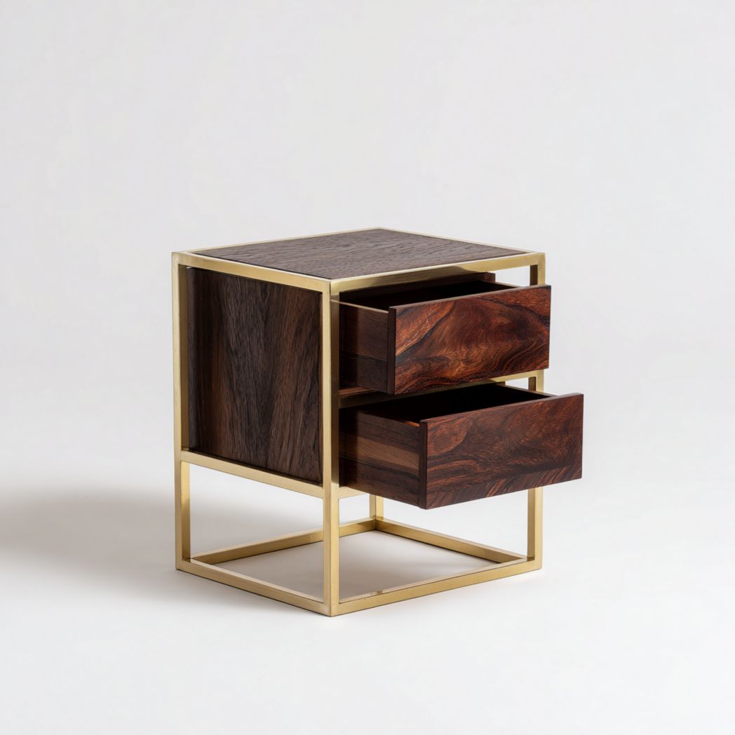 Table de chevet avec deux tiroirs et cadre en métal doré