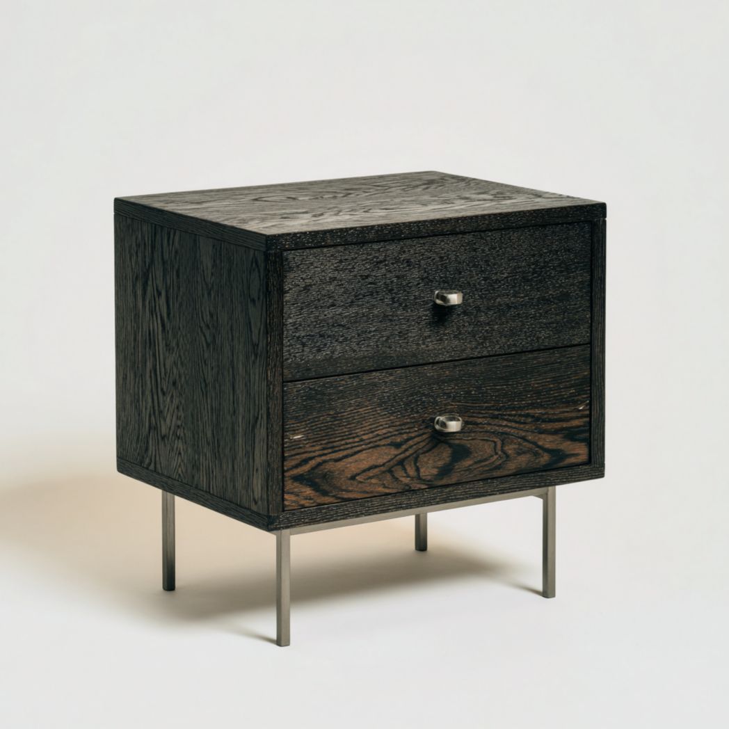 Table de chevet noire à deux tiroirs avec pieds en métal