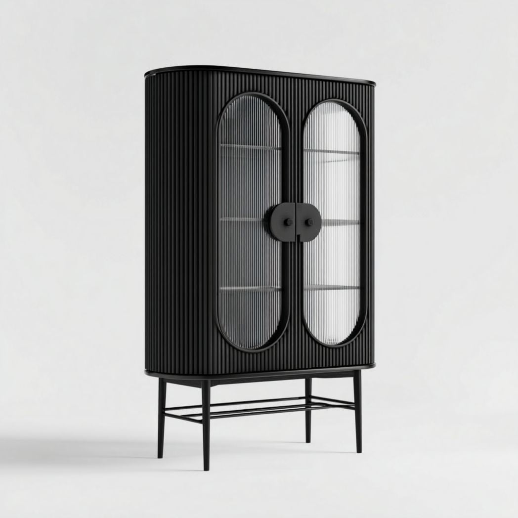 Vitrine noire avec portes à lamelles et pieds métalliques
