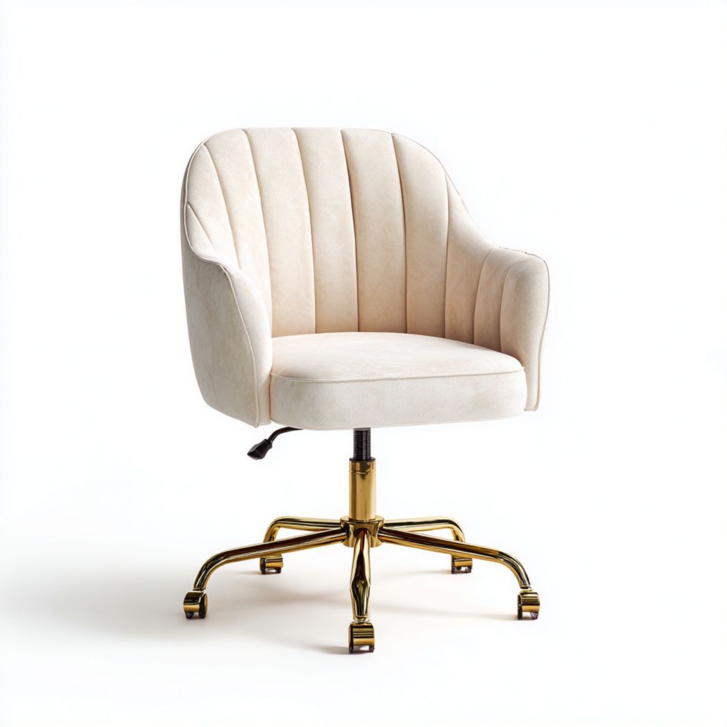Chaise de bureau crème avec base dorée et accoudoirs