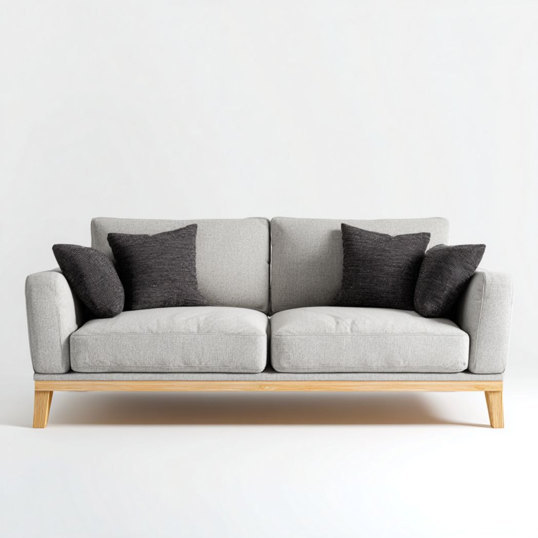 Canapé 2 places en tissu gris avec coussins noirs